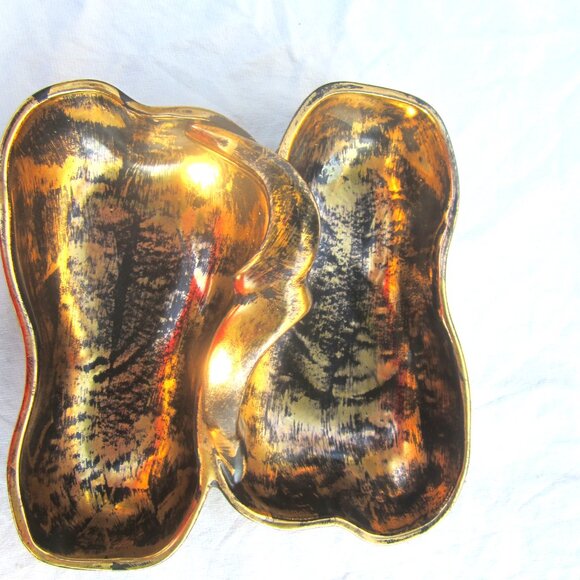 VTG STANGL POTTERY BLACK & GOLD DIVIDED CERAMIC DBL PEAR DISH - Picture 2 of 6